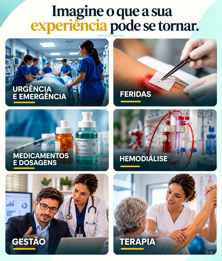 Imagine o que a sua experiência pode se tornar: urgência e emergência, feridas, medicamentos e dosagens, hemodiálise, gestão, terapia.