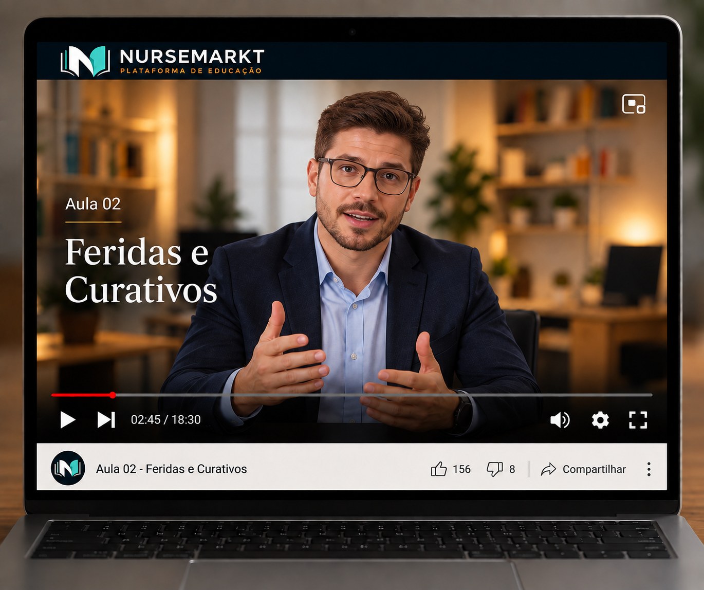 Ilustração de uma aula gravada, em um player com a marca NurseMarkt.